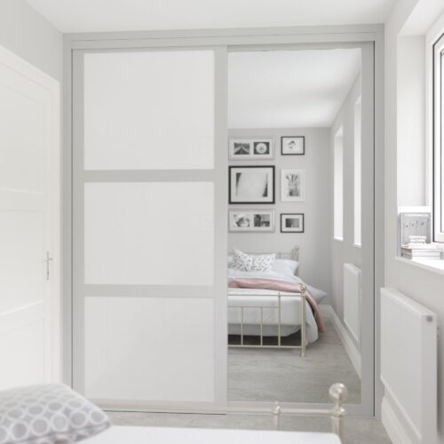 Light Grey Shaker Sliding Wardrobe Doors - 2 Door Mirror & Pure White Glass - Made To Measure Sliding Doors SpacePro