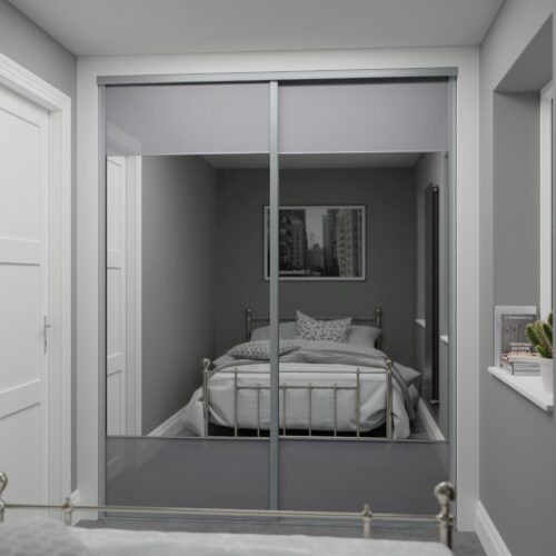 Satin Silver Curve Sliding Wardrobe Doors - 2 Door Storm Grey Glass & Mirror 3 Panel- Made To Measure Sliding Doors M4TEC
